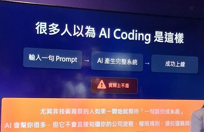 AWS Summit LT-006 投影片:很多人以為 AI Coding 是輸入一句 Prompt 就產生完整系統,實際上不是